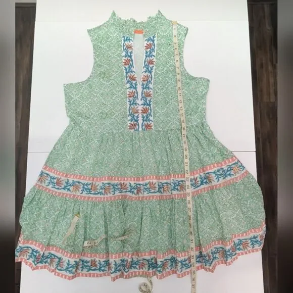 Oliphant Yoke Mini Dress Tiered A-Line Split V-Neck Ruffle Collar Green Boho XL - Picture 6 of 8